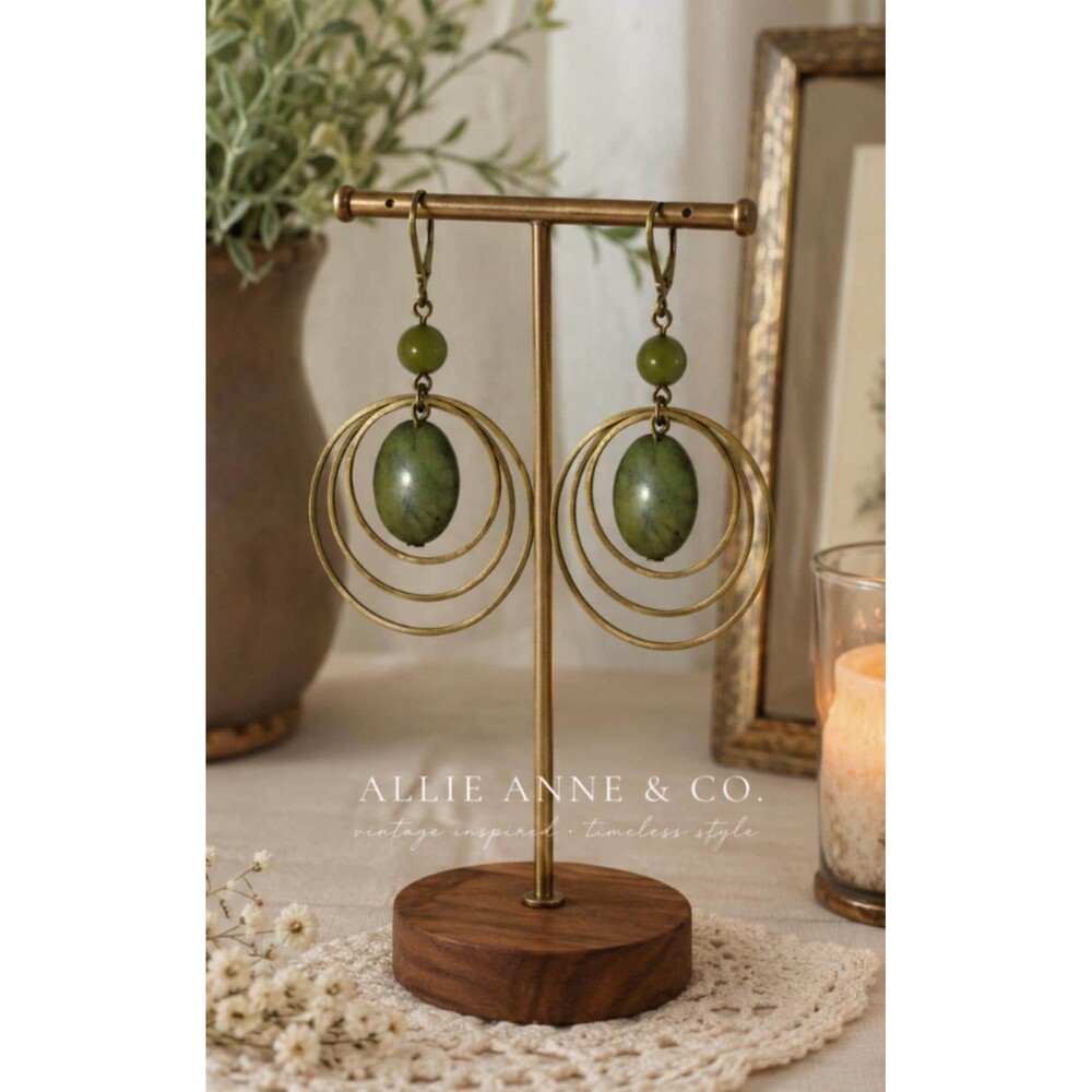 Vintage Green Stone Like Dangle Earrings |  Antique Brass Triple Hoop Earrings |